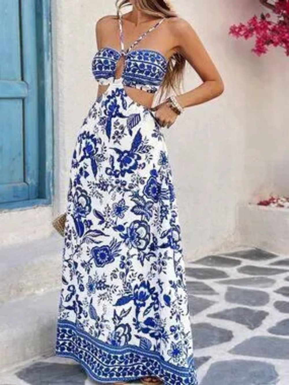 ZARA Blue Boho Women's Sleeveless Hollow Out Backless A-Line Plant Floral Dress